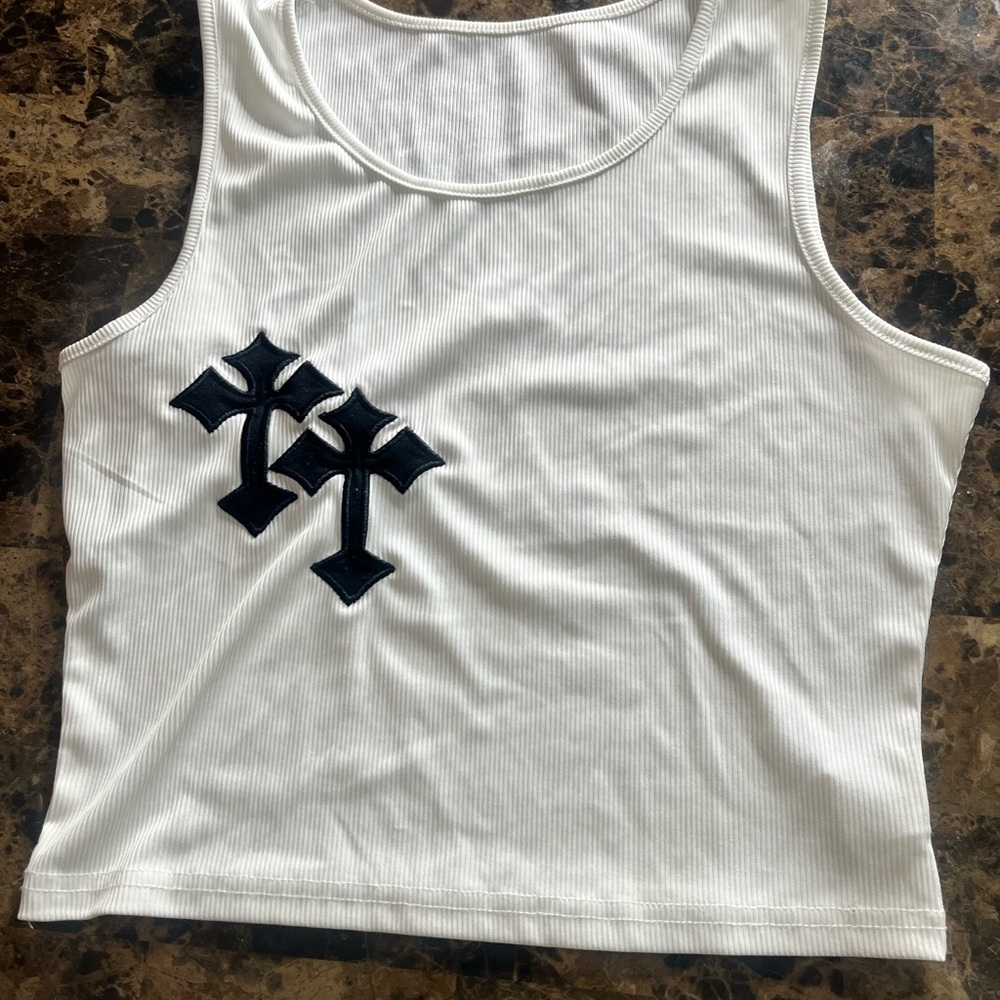 Women's White Ribbed Tank Top with Black Cross Patch